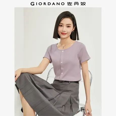 佐丹奴T恤女装坑条针织纽扣装饰修身圆领短袖T恤 13324244图片