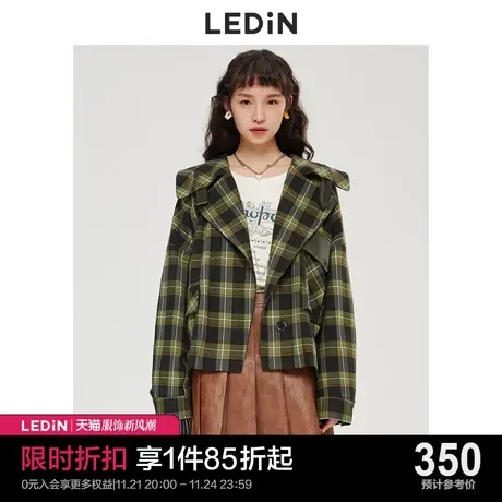 乐町翻领格纹短外套女装早秋草木绿大口袋C1BEC3501图片