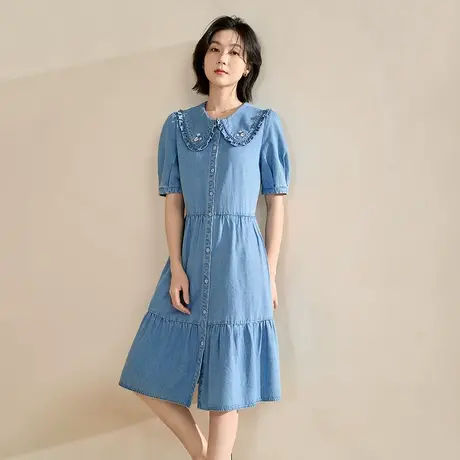 【商场同款】茵曼2023春女装新款田园娃娃领灯笼袖宽松遮肉连衣裙商品大图