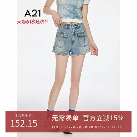 A21女装天蓝多口袋工装牛仔短裤2025夏季新款简约百搭显瘦直筒裤图片