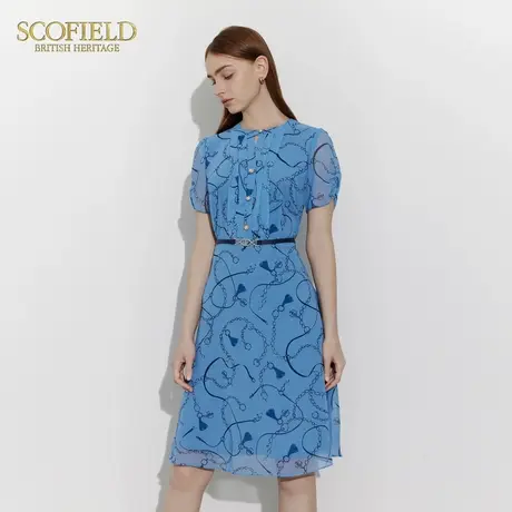 【大乐gogo严选】Scofield感印花连衣裙蓝色短袖抽褶雪纺裙夏季图片