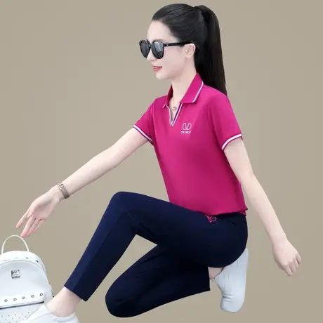 V领休闲运动套装女2023年夏装新款时尚短袖长裤薄款天丝两件套潮图片