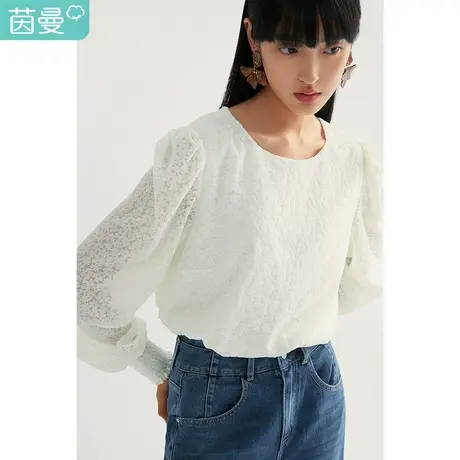 茵曼早秋装新款女绒毛圆领很仙的上衣超仙高级感白色长袖衬衫图片