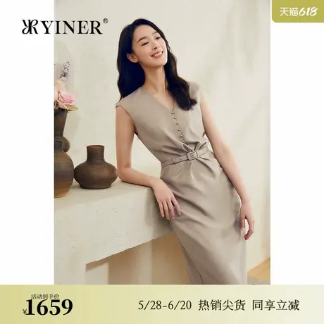 YINER音儿女装夏季法式优雅V领收褶修身S型无袖气质连衣裙图片