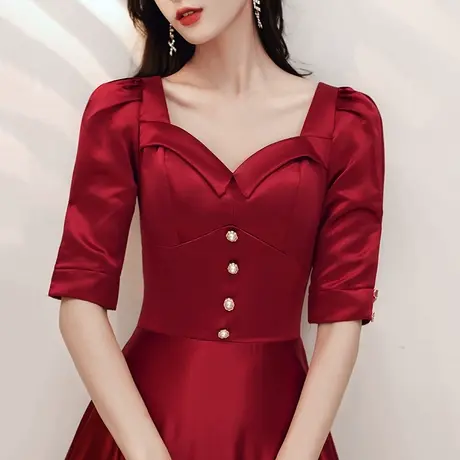 缎面敬酒服新娘2024新款夏季结婚订婚回门礼服女法式长款平时可穿图片