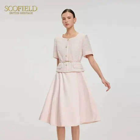 Scofield女法式方领小香风连衣裙假两件粗花呢连衣裙2025夏新品图片