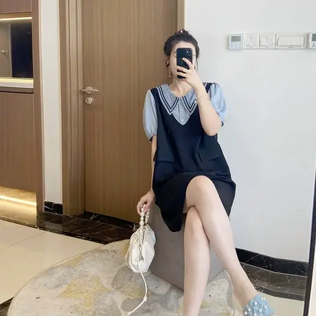 娃娃领假两件减龄胖妹妹短袖夏季新款2022大码女装遮肚显瘦宽松潮图片