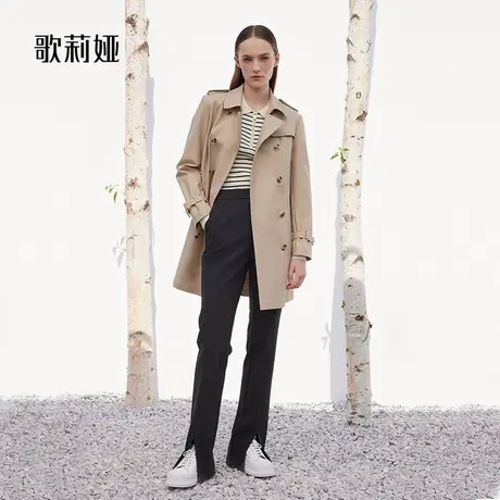 歌莉娅秋冬季新款轻奢驼色双排扣收腰风衣女中长款外套1B2C6L650图片