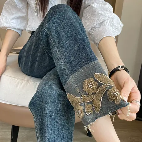 九分直筒牛仔裤女2024春秋新款拼接绣花修身显瘦弹力高腰烟管裤子图片