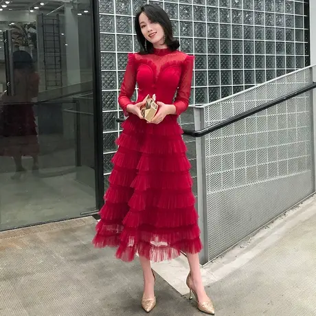 敬酒服新娘2024新款冬季长袖结婚订婚连衣裙礼服女平时可穿酒红色图片