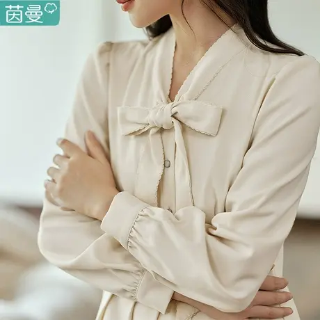 茵曼卡其色蝴蝶结长袖连衣裙女春装2024年新款法式收腰百褶裙长裙图片