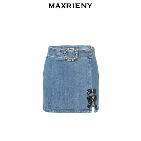 【奥莱】MAXRIENY复古蝴蝶结开叉牛仔半裙牛仔短裙图片