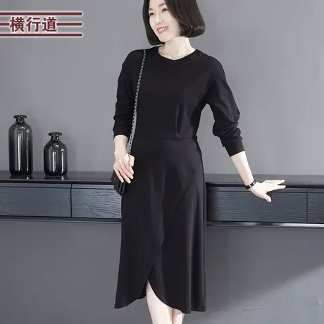 2025新款春装圆领中长款收腰长袖连衣裙显瘦纯色大码胖MM妈妈裙子图片