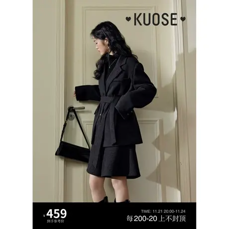 阔色假两件西装厚外套女2023秋冬季新款黑灰色宽松西服上衣图片