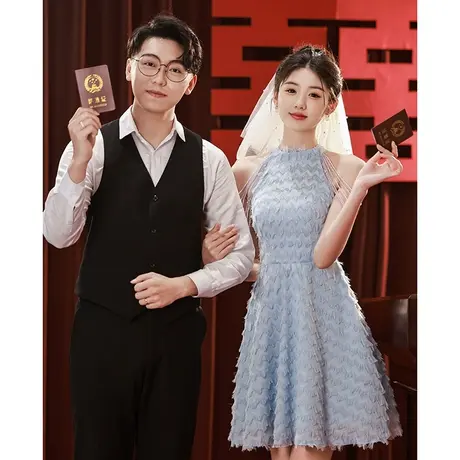 蓝色挂脖小礼服女夏季登记领证订婚短款高端小个子轻奢小众肩流苏图片