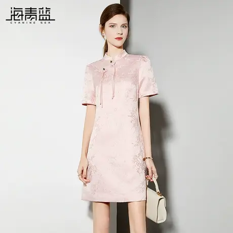 海青蓝提花新中式裙子女夏季2024新款立领盘扣旗袍小个子连衣裙图片