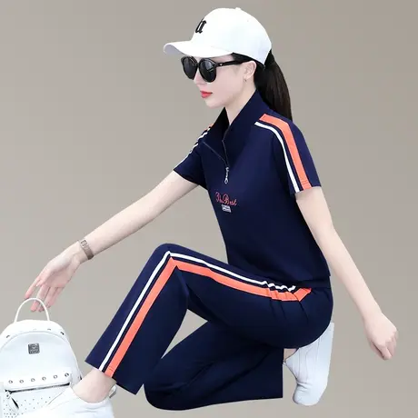 半拉链短袖休闲运动服套装女士夏季薄款天丝阔腿裤垂感显瘦两件套图片