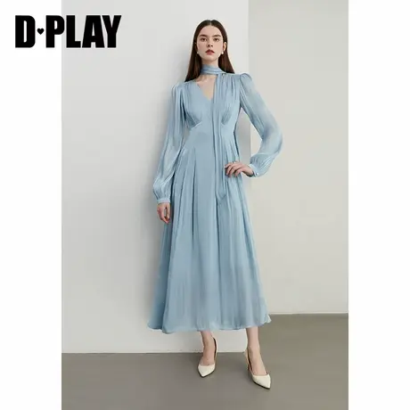DPLAY2025春季新款蓝色连衣裙女泡泡袖长裙飘带礼服长款裙子长袖图片