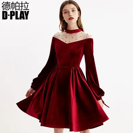 DPLAY德帕拉秋冬新款酒红色圣诞礼服裙网纱拼接ins丝绒女士连衣裙图片