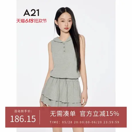 A21女装半开领连帽无袖连衣裙2025夏季新款简约抽绳松紧腰中长裙图片