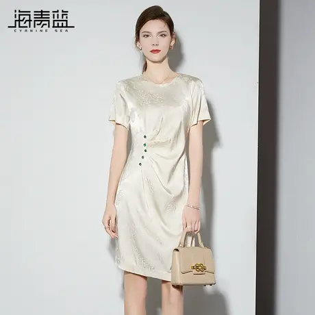 海青蓝新中式提花连衣裙女2024夏季新款圆领设计感褶皱显瘦中长裙图片