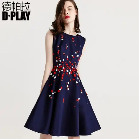 DPLAY德帕拉秋冬新款藏青色手工订珠片花朵礼服修身显瘦A字礼服裙图片