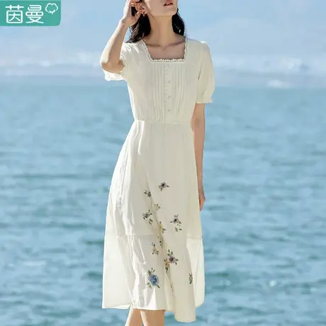 茵曼官方旗舰店法式连衣裙子女2023夏季新款纯棉方领长裙复古浪漫图片