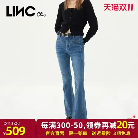 LINC金羽杰牛仔裤女2023年秋季新款复古蓝色中高腰女士微喇裤长裤图片