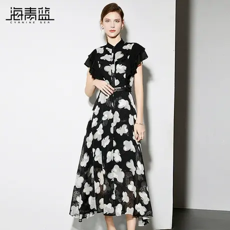 海青蓝时尚气质小飞袖漂亮碎花连衣裙2024新款夏季显瘦女神范长裙图片