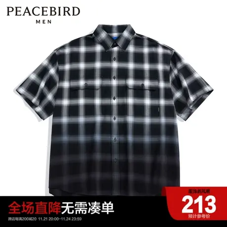 太平鸟男装 格纹渐变衬衣男夏季新款外穿式宽松翻领短袖衬衫图片