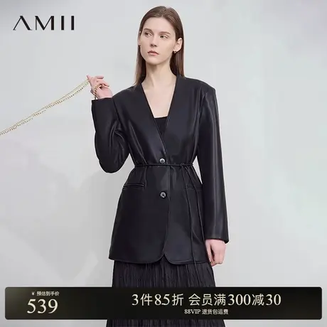Amii【极简风】极简风高雅脱俗V领中长款款西装PU皮衣外套女图片
