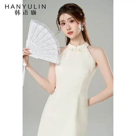 挂脖新中式连衣裙女2025年新款小个子超好看高级感修身a字短裙子图片