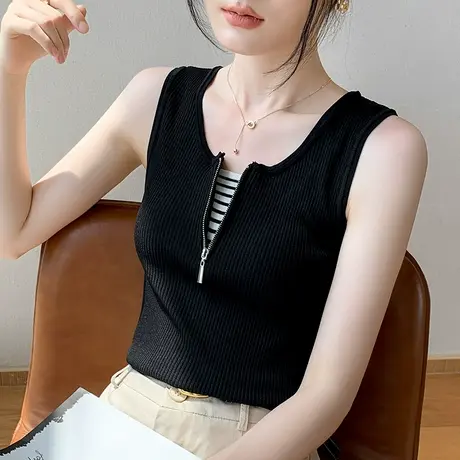 半开领吊带背心女2023夏季新款修身拉链外穿假两件冰丝无袖上衣图片