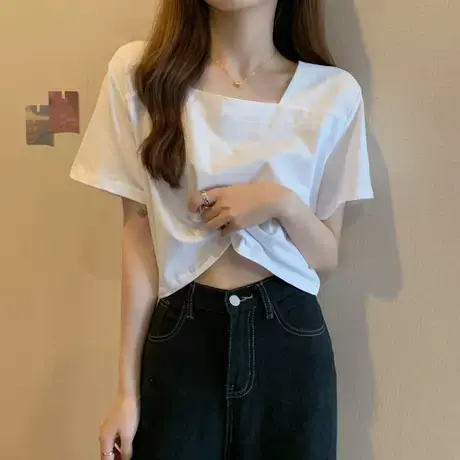 春夏季短款高腰上衣别致设计感小众辣妹方领短袖正肩t恤女装ins潮图片