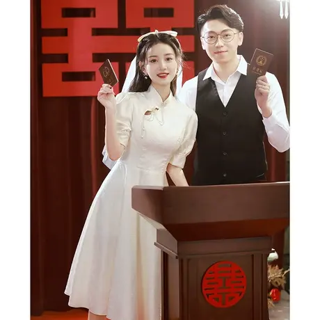 登记领证小白裙中式旗袍高级感订婚礼服女夏季白色连衣裙中长款图片