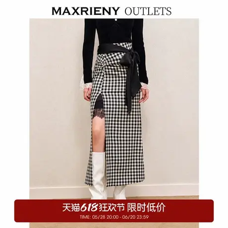 【奥莱】MAXRIENY黑白格纹开叉廓形鱼尾半身裙装高腰半身裙图片