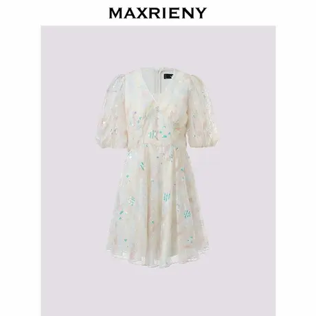 【奥莱】MAXRIENY晕染印花蕾丝泡泡袖连衣裙图片