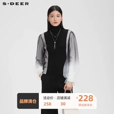 sdeer圣迪奥女装秋高领撞色晕染网纱灯笼袖针织衫S223Z3586图片