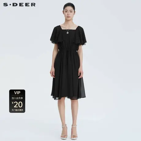 sdeer圣迪奥女装方领收腰不规则短袖连衣裙S222D1203图片