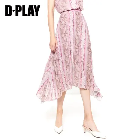 DPLAY德帕拉秋新品欧美粉色蟒纹图案高腰显瘦不规则半身裙图片