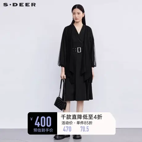 sdeer圣迪奥女装秋装时尚网纱收腰外套连衣裙套装S223Z1454图片