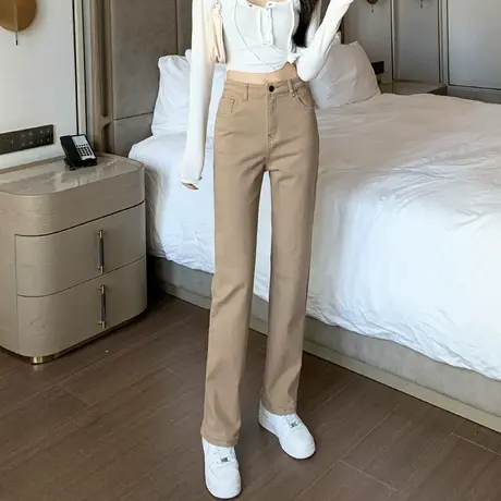 卡其色直筒牛仔裤女秋季2023年新款秋冬高腰显瘦弹力修身烟管裤子图片