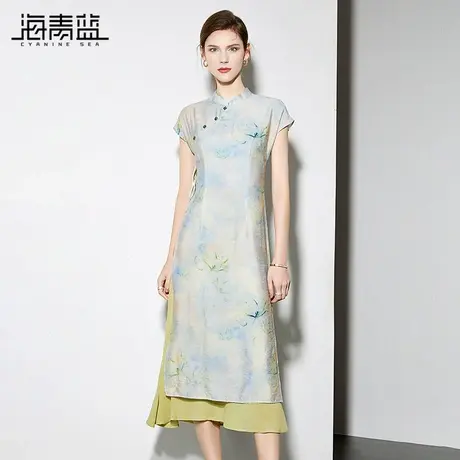 海青蓝新中式国风连衣裙2024夏季新款复古立领短袖印花改良旗袍裙图片