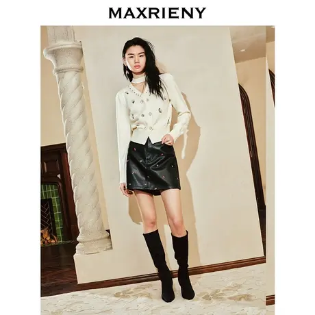 [3件8折]MAXRIENY精致复古绣花环保皮半裙高腰A摆裤裙图片