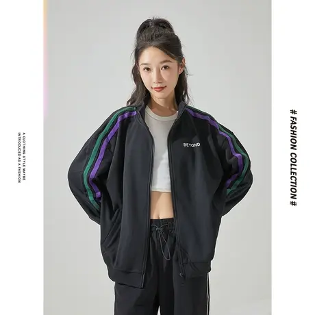 [商场同款]唐狮春季新款短外套女春撞色线条运动外套休闲百搭上衣图片
