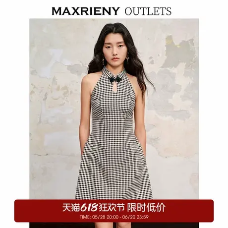 【奥莱】MAXRIENY中式宫廷复古千鸟格挂脖连衣裙无袖A摆裙子图片