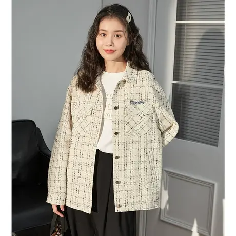 唐狮春秋季新款小香风外套女韩版宽松格子衬衫开衫设计感上衣图片