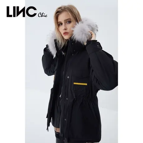 LINC金羽杰羽绒服女2023冬新款反季连帽毛领中长款女款专柜断码图片