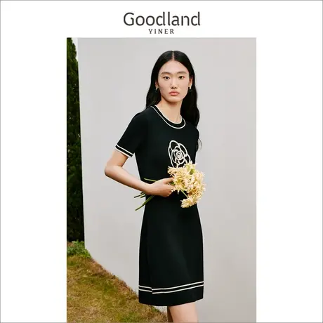 【山茶花系列】音儿美地女装2023新撞色圆领绣花针织连衣裙图片