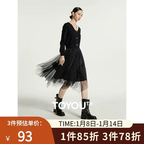 TOYOUTH初语针织拼接网纱A摆长袖连衣裙女2023秋季新款法式小黑裙图片